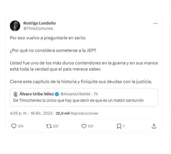 Rodrigo Londoño insistió en propuesta a Álvaro Uribe