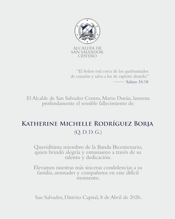 La Alcaldía de San Salvador Centro, encabezada por el edil Mario Durán, emitió una nota de duelo lamentando la pérdida de la joven (Foto cortesía Alcaldía de San Salvador Centro).