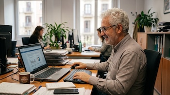 Un hombre con gafas y pelo canoso sonríe mientras escribe en un teclado junto a un ordenador portátil y una taza de café sobre el escritorio.