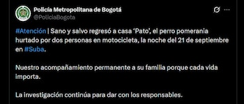 La Policía ubicó al perro en el sector de Suba Rincón y no reportó personas detenidas durante el procedimiento - crédito @PoliciaBogota / X