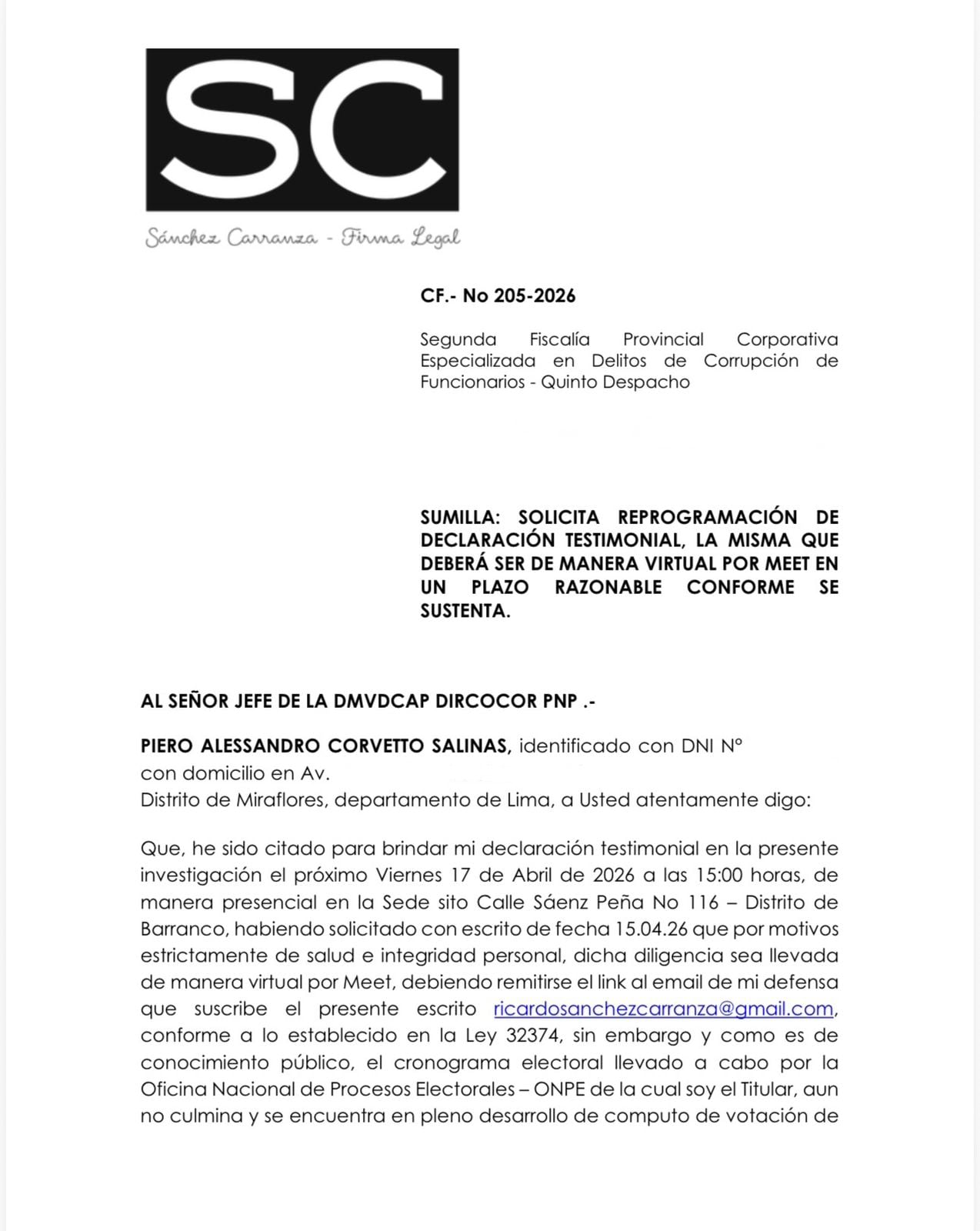 Escrito de Piero Corvetto