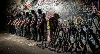 Una fila de once personas encapuchadas y esposadas se encuentra de pie frente a una pared con grafitis, junto a rifles, radios y teléfonos.