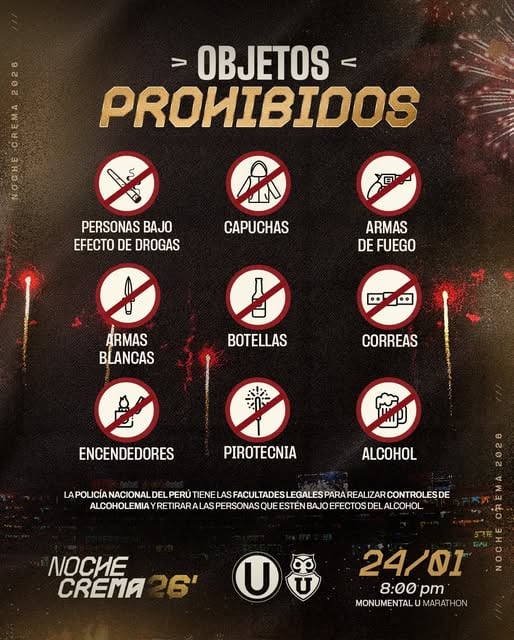 Itens proibidos de entrar no Estádio Monumental esta noite. Crédito: U Press