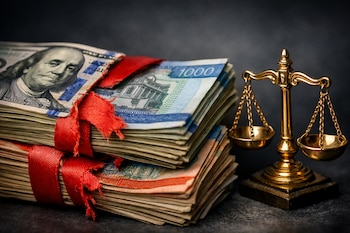 Fajos de billetes dominicanos y dólares envueltos con una cinta roja rota al lado de una pequeña balanza dorada de la justicia sobre un fondo oscuro.