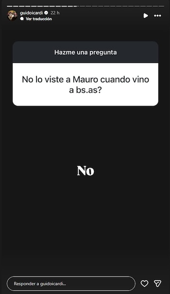 Captura de pantalla de una historia de Instagram de Guido Icardi mostrando una pregunta de un usuario y su respuesta "No" en letras blancas sobre fondo negro