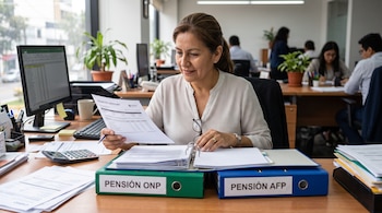 Una mujer sentada en un escritorio sostiene un estado de cuenta sobre dos archivadores etiquetados como Pensión ONP y Pensión AFP.