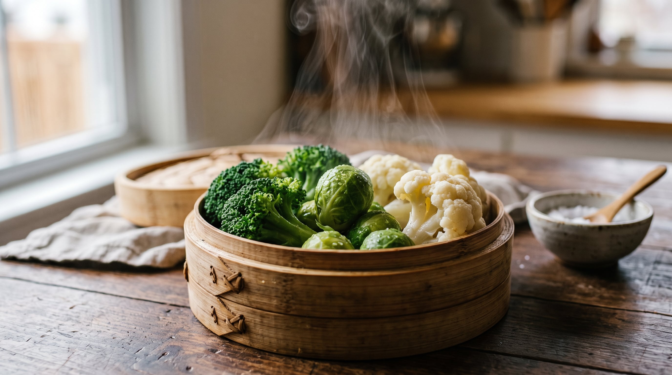 Floretes de brócoli, coliflor y coles de Bruselas recién cocinados emiten vapor dentro de una vaporera de bambú sobre una mesa de madera (Imagen Ilustrativa Infobae)
