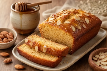 Budín con dos rebanadas cortadas sobre una bandeja, acompañado por un frasco de miel con cuchara de madera y recipientes con almendras.