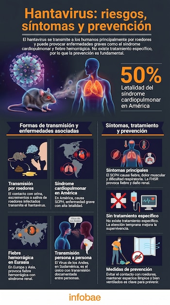 Infografía sobre hantavirus mostrando un roedor, un virus, un humano con pulmones afectados, y gráficos sobre transmisión, síntomas y prevención.