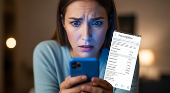 Mujer con cabello castaño oscuro sostiene un smartphone azul que muestra una receta médica digital con nombres de medicamentos y dosis.