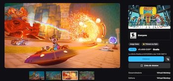 Captura de pantalla de una tienda virtual con una escena de carreras del juego Galaxy Kart y un botón para obtenerlo gratis