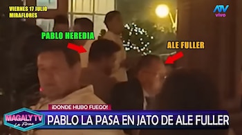 Captura de pantalla de televisión con texto: 'Viernes 17 julio Miraflores', 'Pablo Heredia', 'Ale Fuller'. Se ven personas borrosas en un lugar iluminado