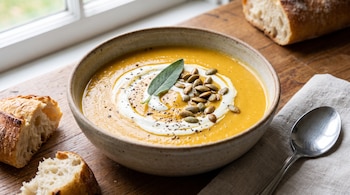 Un cuenco de sopa anaranjada sobre una tabla de madera, decorada con nata, semillas de calabaza, pimienta y salvia, con pan y una cuchara a los lados.