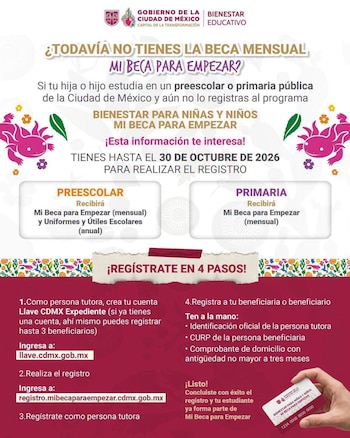 Mi Beca para Empezar es un programa del Gobierno de la Ciudad de México dirigido a estudiantes de preescolar y primaria pública, con apoyos económicos para contribuir a los gastos escolares de las familias
