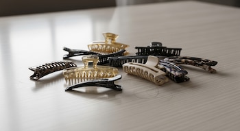 Diez pinzas para el cabello de plástico en colores negro, beige y marmolado reposan sobre una mesa de madera clara, con algunas hebras de pelo.
