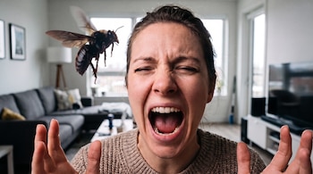 Una mujer con la boca abierta y las manos levantadas junto a una cucaracha voladora en el interior de una casa.
