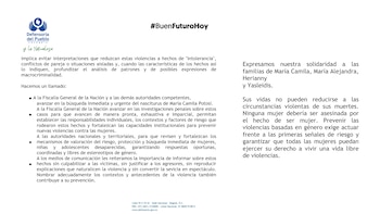 Llamado de la Defensoría del Pueblo a la Fiscalía y a los medios de comunicación - crédito Defensoría del Pueblo