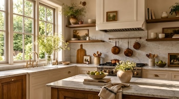 Interior de cocina con isla central, encimeras y salpicadero de mármol, ventanales, estantes de madera, gabinetes, grifo dorado, cacerolas de cobre, bol con frutas, jarrones con plantas y libros.