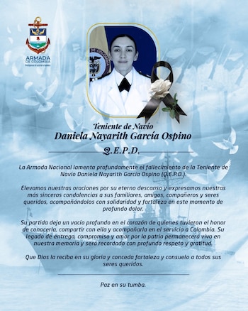 La Armada Nacional confirmó la muerte de la teniente de navío Daniela Nayarit García Ospino en la base naval de Bahía Málaga - crédito Armada de Colombia