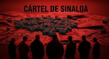 Seis siluetas de personas observan una pila de píldoras azules sobre billetes de dólar, con el texto "CÁRTEL DE SINALOA" arriba, todo en un tono rojizo oscuro.