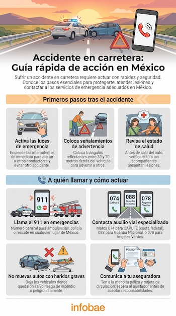Infografía con ilustraciones de un accidente vehicular, vehículos de emergencia, personas y objetos relacionados con seguridad vial, llamadas y seguros en México.
