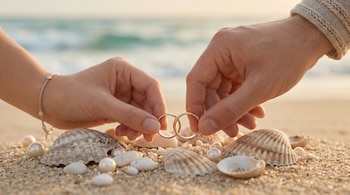 Primer plano de dos manos, una femenina y una masculina, uniendo dos anillos de boda dorados sobre conchas marinas y arena, con el mar de fondo.
