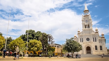 Iglesia de color blanco con reloj y campanario frente a una plaza con árboles, bancos y peatones bajo un cielo nublado.