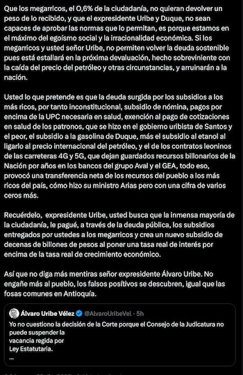 Petro señaló que Álvaro Uribe