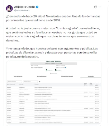 La senadora Alejandra Omaña reveló que hay una decisión de 2016 relacionada con una demanda por alimentos contra Germán Rodríguez - crédito @aleomanao/X