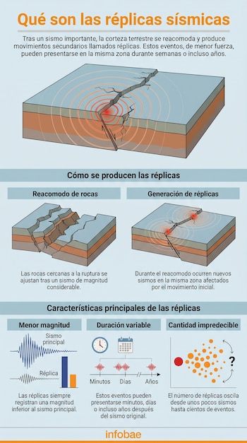 Infografía con ilustraciones de capas terrestres que muestran la formación de réplicas sísmicas, incluyendo gráficos de ondas y barras de magnitud.