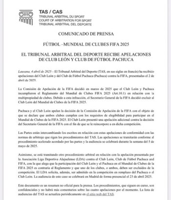 La instancia judicial especializada en la resolución de disputas legales en el ámbito deportivo, aceptó la apelación del Club León - crédito TAS