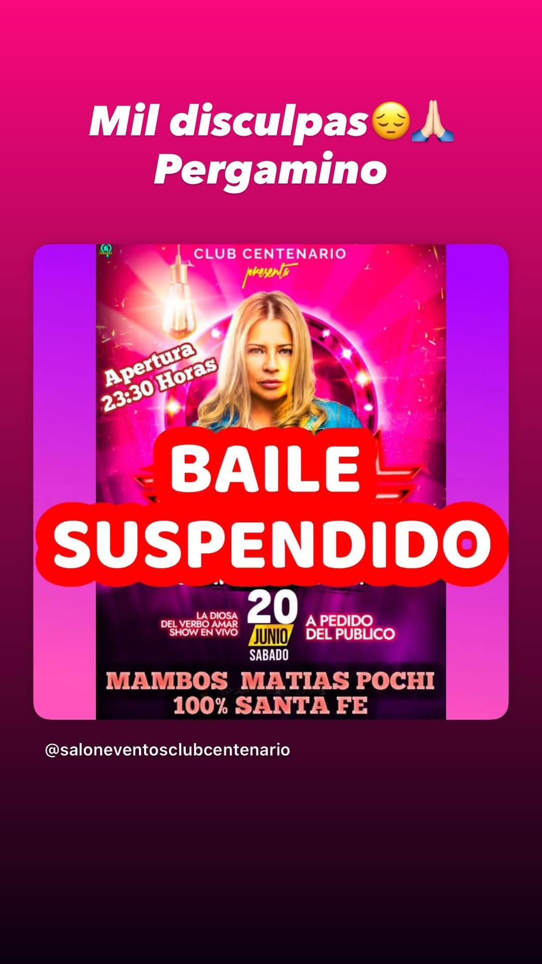 El Club Centenario de Pergamino difundió en sus redes que el baile fue suspendido y pidió disculpas al público por la cancelación del show