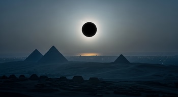 Eclipse solar total sobre un paisaje desértico con pirámides y tumbas antiguas en silueta. El Sol es un disco negro con corona de luz blanca.