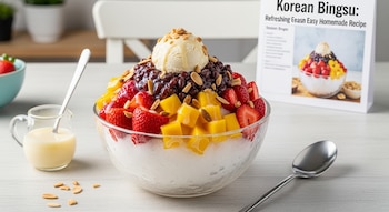 Bingsu coreano en un tazón con hielo raspado, fresas, mango, pasta de frijol rojo, helado y almendras. Se ve una jarra de leche condensada y una cuchara.