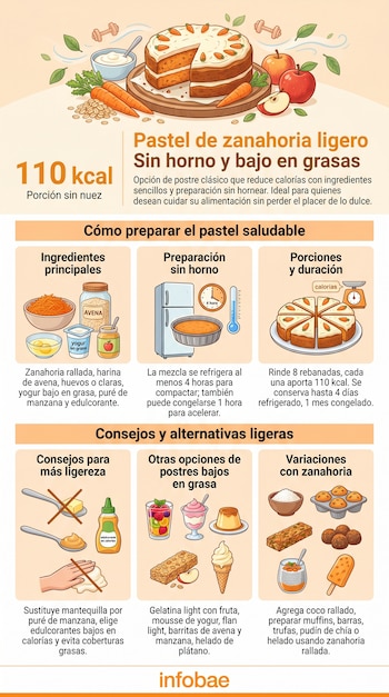 Infografía con un pastel de zanahoria ligero y rebanado, ingredientes como zanahorias, avena, manzanas y yogur, y pasos para su preparación sin horno.
