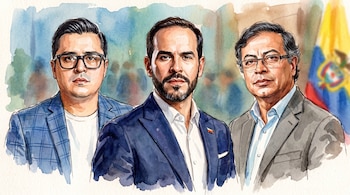 Ilustración en acuarela de tres hombres de traje y anteojos colocados uno al lado del otro frente a un fondo difuminado con una bandera.