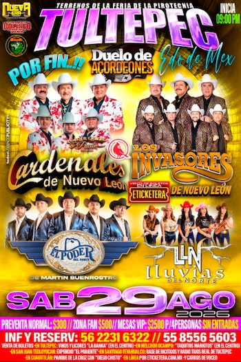 Cartel publicitario amarillo con fotografías de cuatro grupos musicales con sombreros tejanos, texto con nombres de bandas y precios de boletos