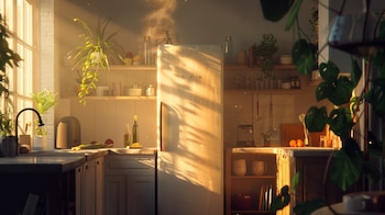 Cocina con luz solar y heladera blanca entre plantas y utensilios - (Imágen Ilustrativa Infobae)