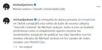La cuenta oficial de Michael Jackson compartió la coreografía peruana con la etiqueta #MyMJClips.