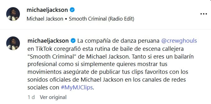 La cuenta oficial de Michael Jackson compartió la coreografía peruana con la etiqueta #MyMJClips.
