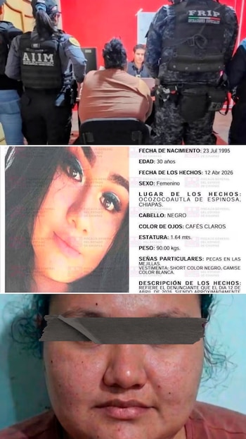 Composición de tres fotos: agentes policiales, la ficha del Protocolo Alba de Grecia 'N' y un primer plano de su rostro real con ojos censurados