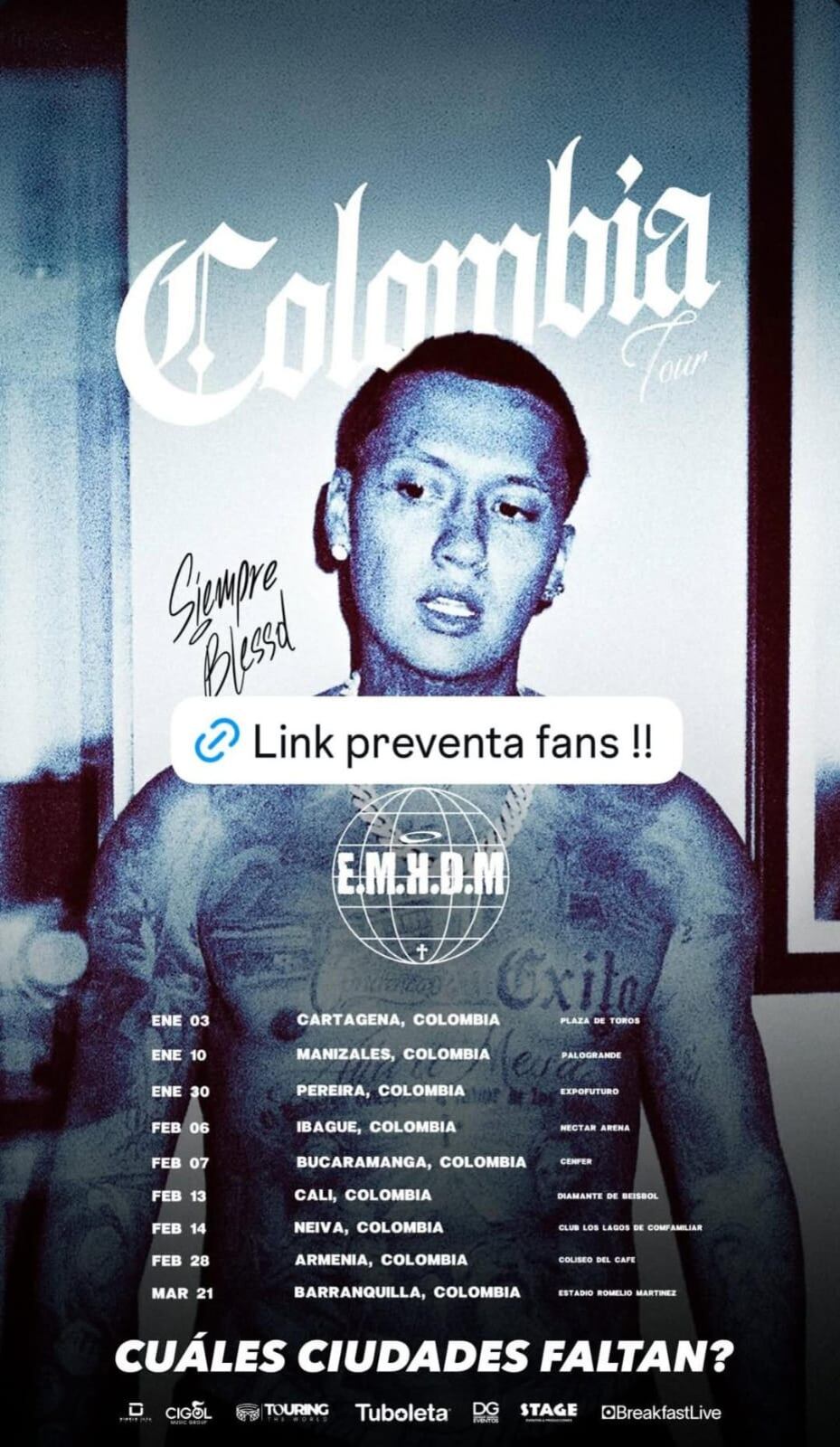 El reggaetón de Blessd llegará a Cartagena, Manizales, Pereira, Ibagué, Bucaramanga, Cali, Neiva, Armenia, Barranquilla y Medellín en 2026 - crédito blessd / Instagram