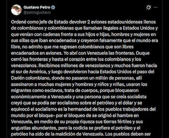 El expresidente recordó la crisis entre Colombia y Estados Unidos de enero de 2025 por el rechazo a dos aviones con colombianos deportados - crédito X