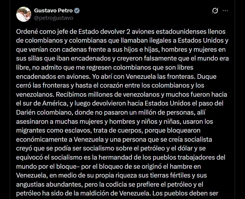 El expresidente recordó la crisis entre Colombia y Estados Unidos de enero de 2025 por el rechazo a dos aviones con colombianos deportados - crédito @petrogustavo/X