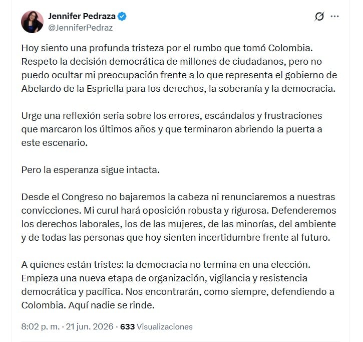 Jennifer Pedraza señaló que será opositora de Abelardo de la Espriella - crédito @JenniferPedraz/X