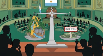 Ilustración del Congreso argentino: legisladores observan una balanza donde la tierra y sus recursos naturales se contraponen a billetes y la 'Ley de Tierras'.