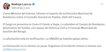 El ministro del Interior, Rodrigo Lara, informó que la UNGRD tramita apoyo aéreo para atender el incendio. - crédito @Rodrigo_Lara_/X