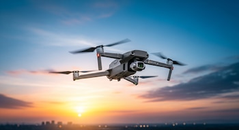 Un dron gris oscuro con cuatro rotores girando vuela en primer plano contra un cielo de atardecer azul y naranja, con una ciudad difuminada abajo.
