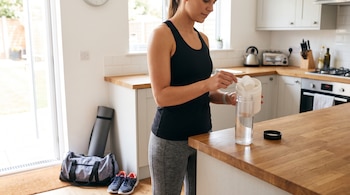 Una mujer viste ropa deportiva y vierte un polvo en una botella de agua sobre una mesa de cocina junto a una bolsa de gimnasio.