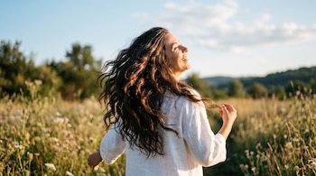 Una mujer sonriente con el cabello largo y castaño camina por un campo con vegetación bajo la luz del sol.